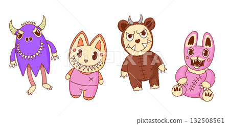 Cute and scary Monster Characters set. Rabbit, cat and bear with claws and horns. Funny mascot 132508561