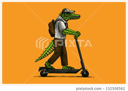 Crocodile or alligator on a scooter. Animal character on vehicle. Modern concept in vintage look 132508562