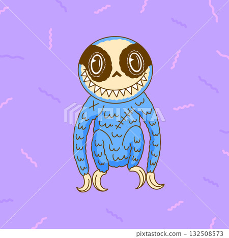 Cute and scary Monster Character sloth with claws and horns. Funny mascot kawaii beasts in hand 132508573