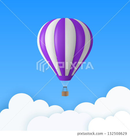 Vector Travel Banner with 3d Realistic Purple and White Hot Air Balloon Icon on a Blue Sky Background. Design Template, Summer Vacation, Travelling, Tourism and Journey Concept 132508629