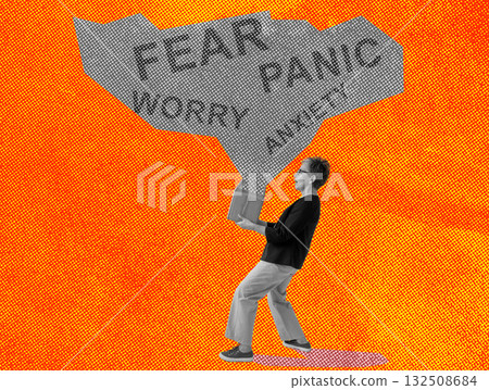 Woman holding box with fear panic and worry symbolizing anxiety and emotional burden. 132508684