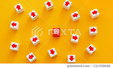 Arrows diverging from the target. Lack of focus and missed goals. 132508686