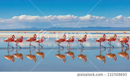 Flamingos Walking in Shallow Water With Reflections - Ai Generated 132508693