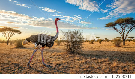 Ostrich in African Savanna at Sunset - Ai Generated 132508711
