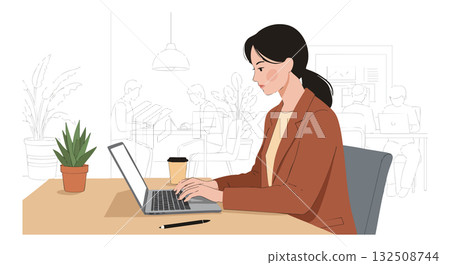 Woman Working on Laptop with Coffee in Office Environment Vector Illustration Woman Working on Laptop with Coffee in Office Environment Vector Illustration 132508744