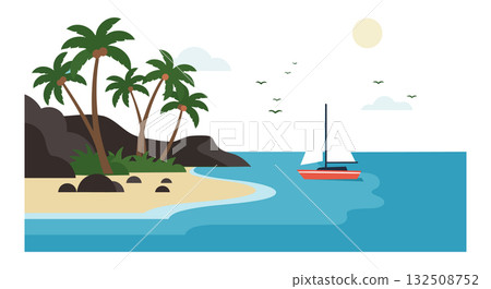 Tropical island coastline with palm trees and sailboat on calm sea at sunny day vector 132508752