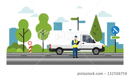 Roadside worker with white pickup truck and directional signs vector illustration Roadside worker with white pickup truck and directional signs vector illustration 132508759