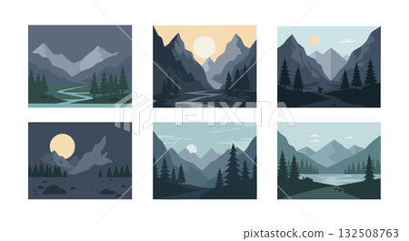 Mountain valley river landscape collection with pine trees and sun in natural scenery vector illustration Mountain valley river landscape collection with pine trees and sun in natural scenery vector illustration 132508763