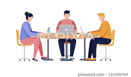 Group of people working on laptops at office desk vector illustration Group of people working on laptops at office desk vector illustration 132508764