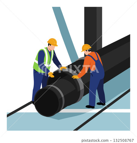 Construction workers installing large black pipe in industrial setting vector illustration Construction workers installing large black pipe in industrial setting vector illustration 132508767