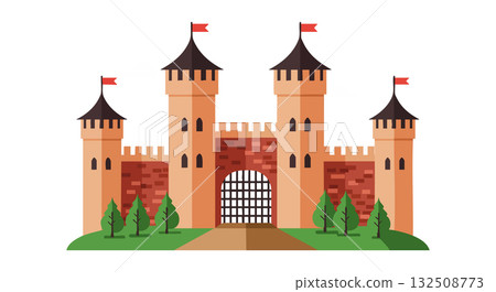 Medieval castle with towers and red flags surrounded by green trees vector illustration 132508773