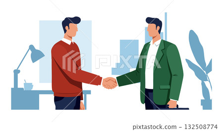 Businessmen shaking hands in office environment vector illustration with red and green clothing Businessmen shaking hands in office environment vector illustration with red and green clothing 132508774