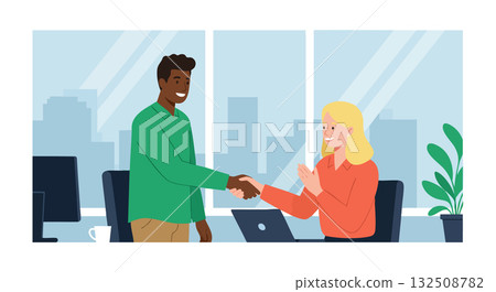 Business people shaking hands in office meeting with city view and laptop vector illustration 132508782