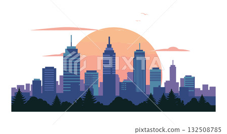 Urban city skyline with sunset background and forest silhouette vector illustration Urban city skyline with sunset background and forest silhouette vector illustration 132508785