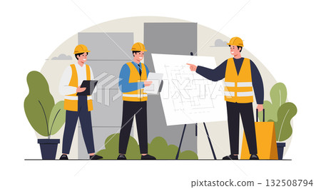 Construction workers discussing building plans on site with safety gear vector illustration 132508794