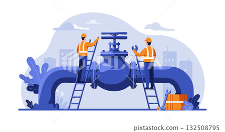 Industrial workers inspecting large pipeline valve in factory setting vector illustration 132508795