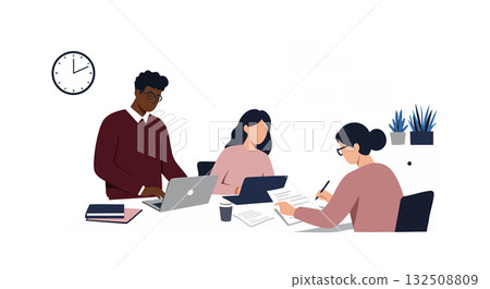 Diverse group working together in modern office environment with laptop and documents Diverse group working together in modern office environment with laptop and documents 132508809
