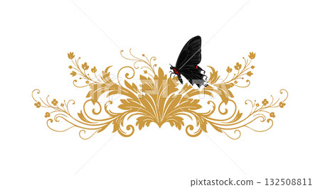 Black butterfly on golden ornate floral decoration vector illustration elegant design Black butterfly on golden ornate floral decoration vector illustration elegant design 132508811