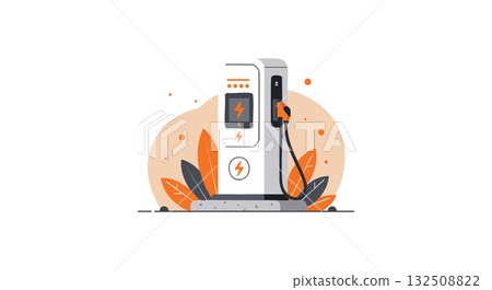 Electric vehicle charging station with modern eco design and orange leaf accents vector illustration Electric vehicle charging station with modern eco design and orange leaf accents vector illustration 132508822