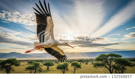 Stork Soaring Over African Savanna at Sunrise - Ai Generated 132508857