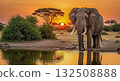 Elephant at Sunset by the Waterhole - Ai Generated 132508888