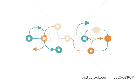 Abstract flowchart with connected arrows and circles in blue and orange vector design 132508907