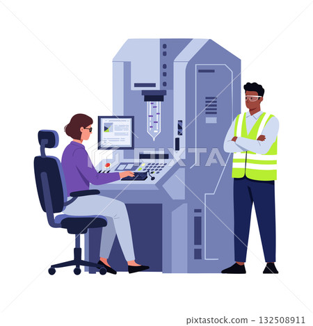 Industrial machine operator and supervisor working with control panel in factory setting vector illustration Industrial machine operator and supervisor working with control panel in factory setting vector illustration 132508911