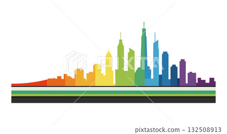 Colorful city skyline silhouette with rainbow gradient and horizontal stripes vector illustration Colorful city skyline silhouette with rainbow gradient and horizontal stripes vector illustration 132508913