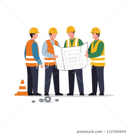 Construction workers examining blueprint on site with safety helmets and vests vector illustration 132508944