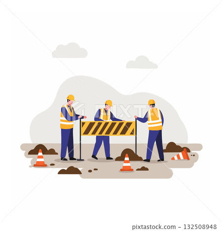 Construction Workers Setting Up Roadblock Barrier for Safety Worksite Vector Illustration Construction Workers Setting Up Roadblock Barrier for Safety Worksite Vector Illustration 132508948