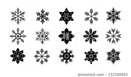Black and white snowflake winter symbols vector set in symmetrical design 132508955
