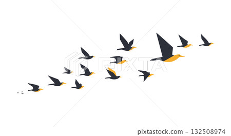 Flying birds in formation vector illustration with black and orange colors in white background Flying birds in formation vector illustration with black and orange colors in white background 132508974