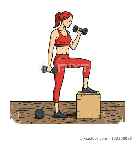 Woman exercising with dumbbells and wooden box in fitness training session Woman exercising with dumbbells and wooden box in fitness training session 132508988