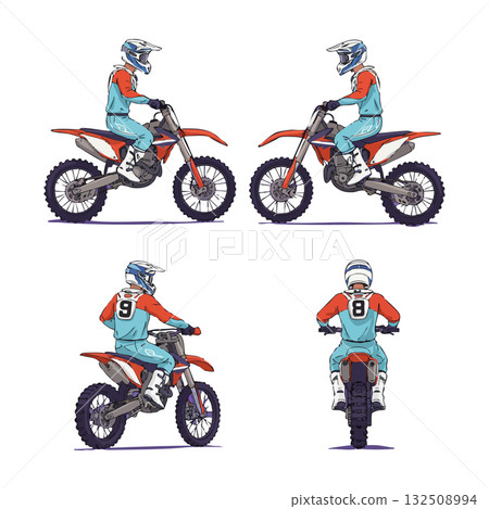 Motocross rider on dirt bike in helmet and racing gear vector illustration in multiple views 132508994