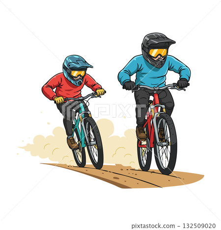 Two bikers riding mountain bikes with helmets and goggles on dirt trail outdoor activity Two bikers riding mountain bikes with helmets and goggles on dirt trail outdoor activity 132509020