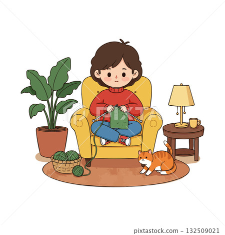 Boy Knitting Sweater in Cozy Living Room with Cat and Indoor Plant Vector Illustration 132509021