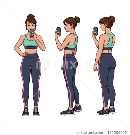 Woman Wearing Sportswear Taking Selfie Three Views Front Side Back Vector Illustration 132509025