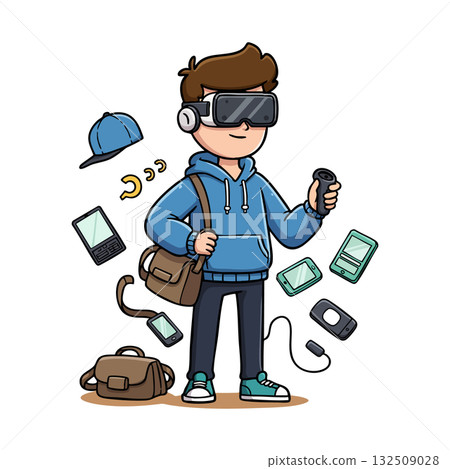 Young male gamer using virtual reality headset with handheld controller and digital devices vector illustration Young male gamer using virtual reality headset with handheld controller and digital devices vector illustration 132509028