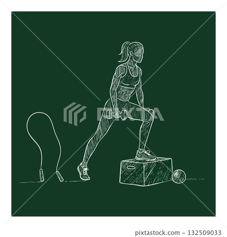Woman performing step-up exercise with dumbbells and jump rope fitness illustration Woman performing step-up exercise with dumbbells and jump rope fitness illustration 132509033