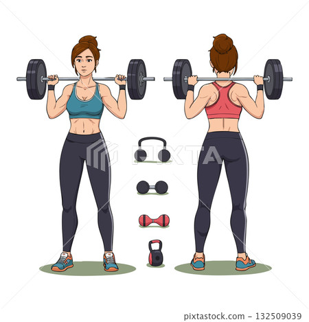 Woman performing barbell squat exercise with gym equipment fitness workout illustration Woman performing barbell squat exercise with gym equipment fitness workout illustration 132509039