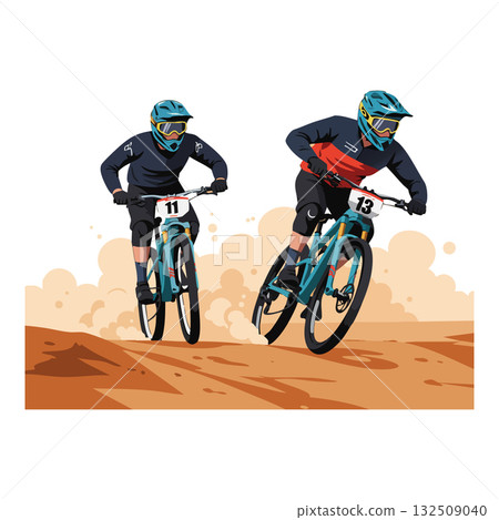 Mountain biking race competition with two riders in blue helmets and dirt trail Mountain biking race competition with two riders in blue helmets and dirt trail 132509040