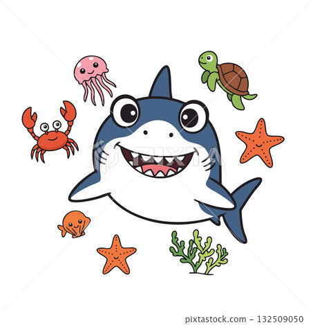 Cartoon shark surrounded by sea creatures including crab turtle jellyfish starfish and coral vector illustration Cartoon shark surrounded by sea creatures including crab turtle jellyfish starfish and coral vector illustration 132509050