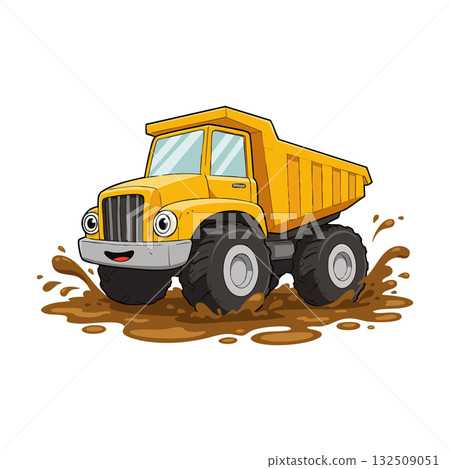 Yellow Construction Dump Truck Cartoon Vector Illustration in Muddy Environment Yellow Construction Dump Truck Cartoon Vector Illustration in Muddy Environment 132509051