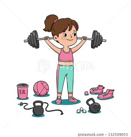 Girl lifting barbell weight training with fitness equipment and accessories vector illustration Girl lifting barbell weight training with fitness equipment and accessories vector illustration 132509053