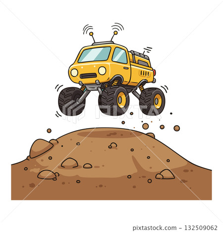 Yellow monster truck jumping over dirt hill vector illustration with cartoon style and off-road vehicle design 132509062