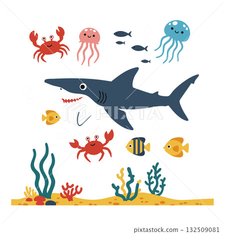 Shark and colorful marine animals underwater sea life vector illustration Shark and colorful marine animals underwater sea life vector illustration 132509081