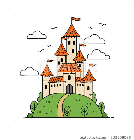 Medieval castle with orange roofs on green hill surrounded by clouds and birds vector illustration Medieval castle with orange roofs on green hill surrounded by clouds and birds vector illustration 132509086