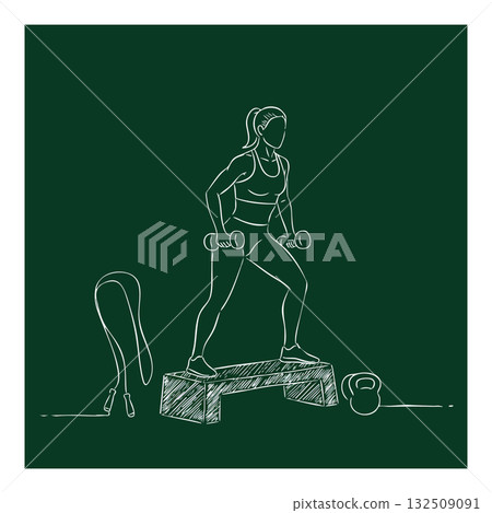 Woman exercising with dumbbells on step platform fitness workout vector illustration 132509091