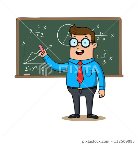 Male teacher explaining math formulas on blackboard in classroom vector illustration Male teacher explaining math formulas on blackboard in classroom vector illustration 132509093