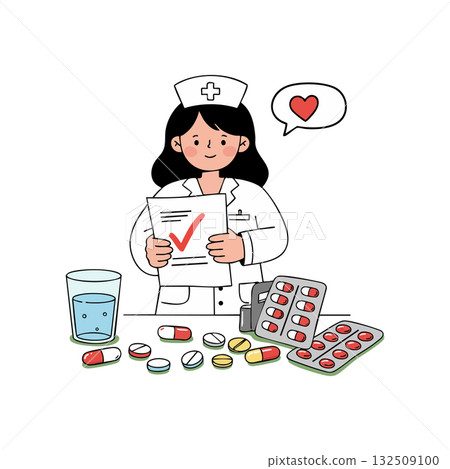 Nurse holding checklist with medicine pills and glass of water healthcare vector illustration 132509100